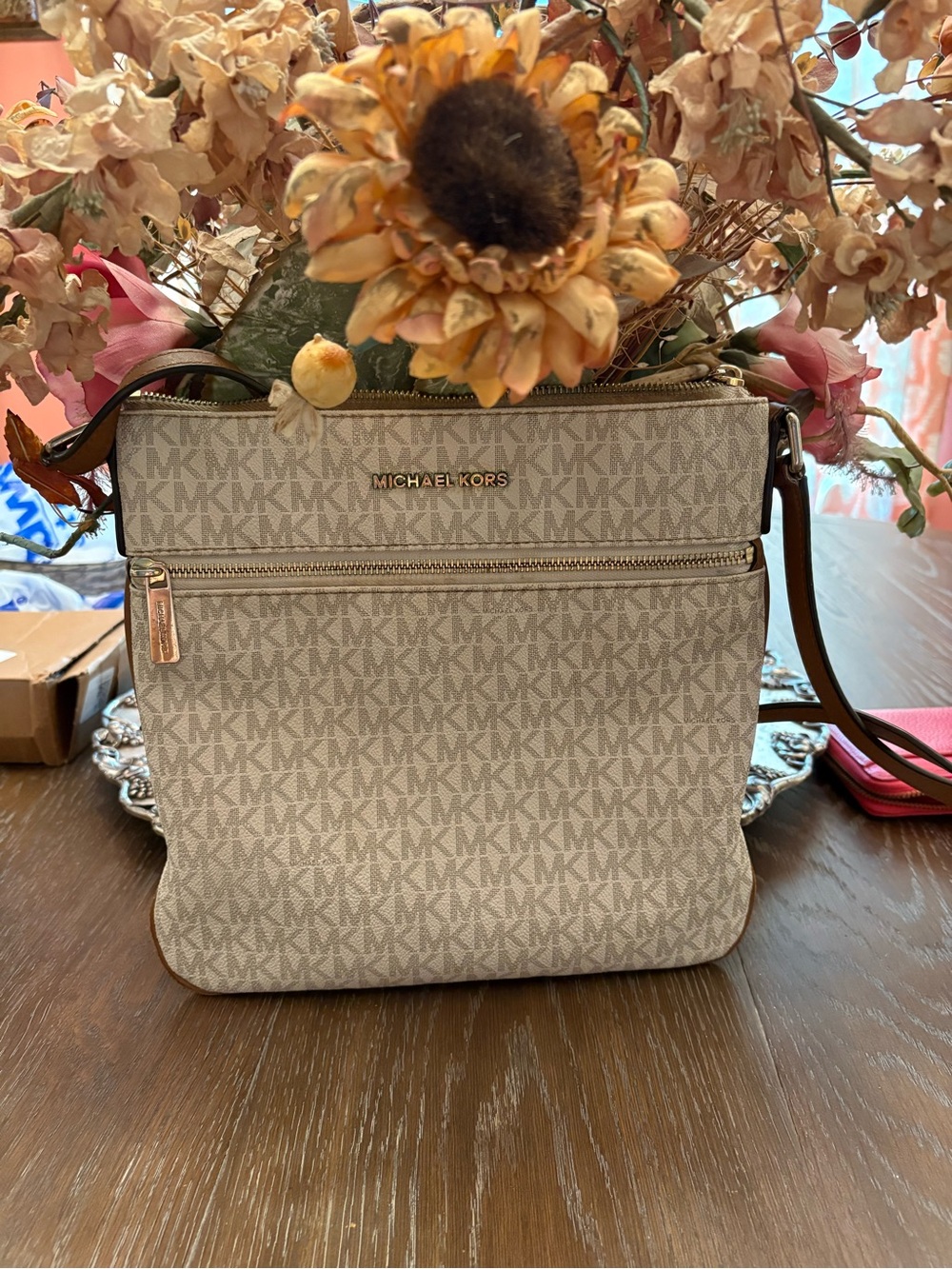 Michael Kors Light Beige Signature Crossbody Bag with Gold Hardware